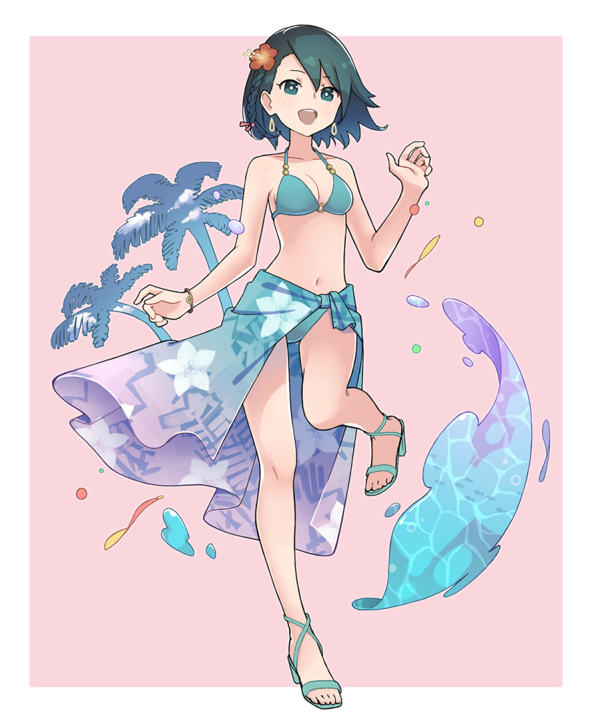 1girl :d bare_shoulders bikini blue_hair breasts cleavage dark_blue_hair earrings feet halterneck highres jewelry looking_at_viewer medium_breasts open_mouth original otomica palm_tree sandals sarong short_hair simple_background smile solo string_bikini swimsuit toes tree