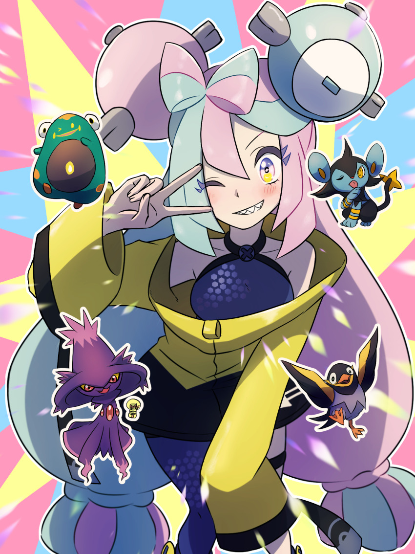 1girl bellibolt blush bow-shaped_hair character_hair_ornament commentary_request creatures_(company) game_freak gen_4_pokemon grey_pantyhose grey_shirt grin hair_ornament hand_up haruki_sparsa highres iono_(pokemon) jacket long_hair long_sleeves luxio mismagius multicolored_hair nintendo one_eye_closed pantyhose pokemon pokemon_(creature) pokemon_sv sharp_teeth shirt single_leg_pantyhose sleeveless sleeveless_shirt smile teeth thigh_strap twintails two-tone_hair v wattrel yellow_jacket