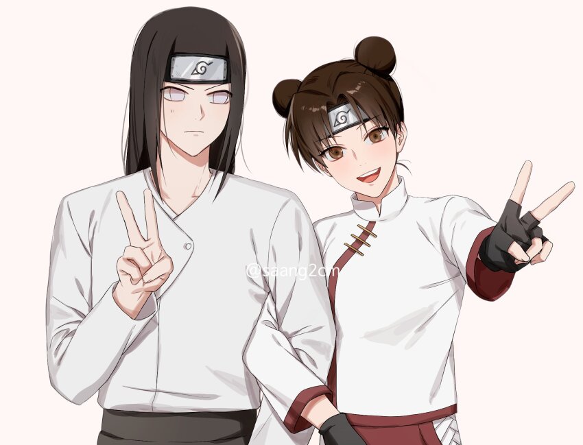 1boy 1girl :d black_gloves black_hair blush brown_eyes brown_hair china_dress chinese_clothes closed_mouth commentary_request double_bun dress eyelashes fingerless_gloves forehead_protector frown gloves hair_bun hand_up happy highres hyuuga_neji korean_commentary locked_arms long_hair long_sleeves looking_at_another looking_at_viewer naruto_(series) ninja open_mouth outstretched_arm parted_bangs round_teeth saang2cm shirt short_hair short_sleeves side-by-side simple_background smile teeth tenten_(naruto) tsurime twitter_username upper_body upper_teeth_only v v-shaped_eyebrows white_background white_dress white_eyes white_shirt