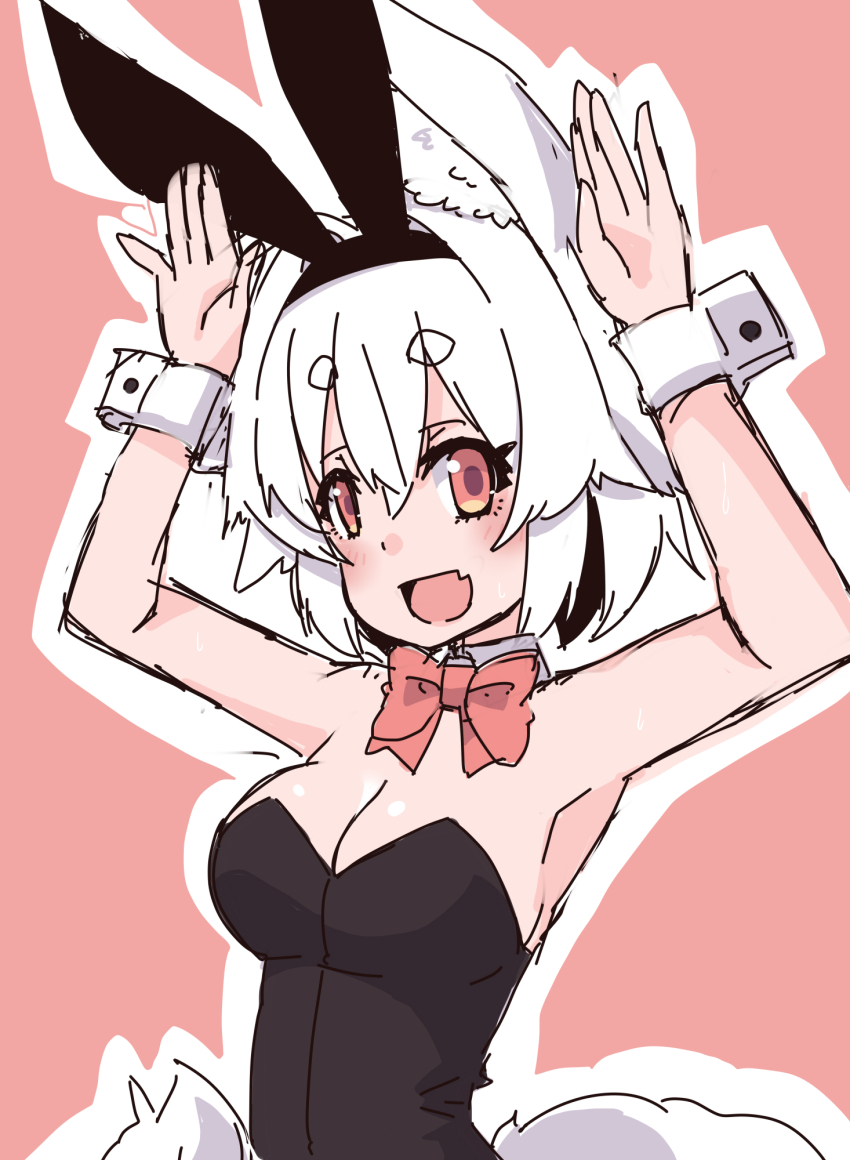 1girl :d animal_ear_fluff animal_ears armpits arms_up bare_shoulders black_leotard bow bowtie breasts cleavage fake_animal_ears fangs highres inubashiri_momiji kuro-ekaki leotard looking_at_viewer medium_breasts open_mouth outline playboy_bunny rabbit_ears red_background red_bow red_bowtie short_hair skin_fangs smile solo strapless strapless_leotard tail touhou white_hair white_outline wolf_ears wolf_girl wolf_tail wrist_cuffs