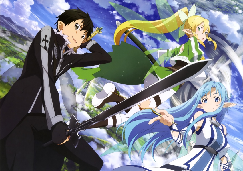 10s 1boy 2girls absurdres asuna_(sao) asuna_(sao-alo) black_hair blonde_hair blue_eyes blue_hair fingerless_gloves gloves green_eyes highres holding holding_sword holding_weapon kirito kirito_(sao-alo) leafa_(sao) long_hair multiple_girls nishiguchi_tomoya open_mouth pointy_ears short_hair smile sword sword_art_online very_long_hair weapon wings