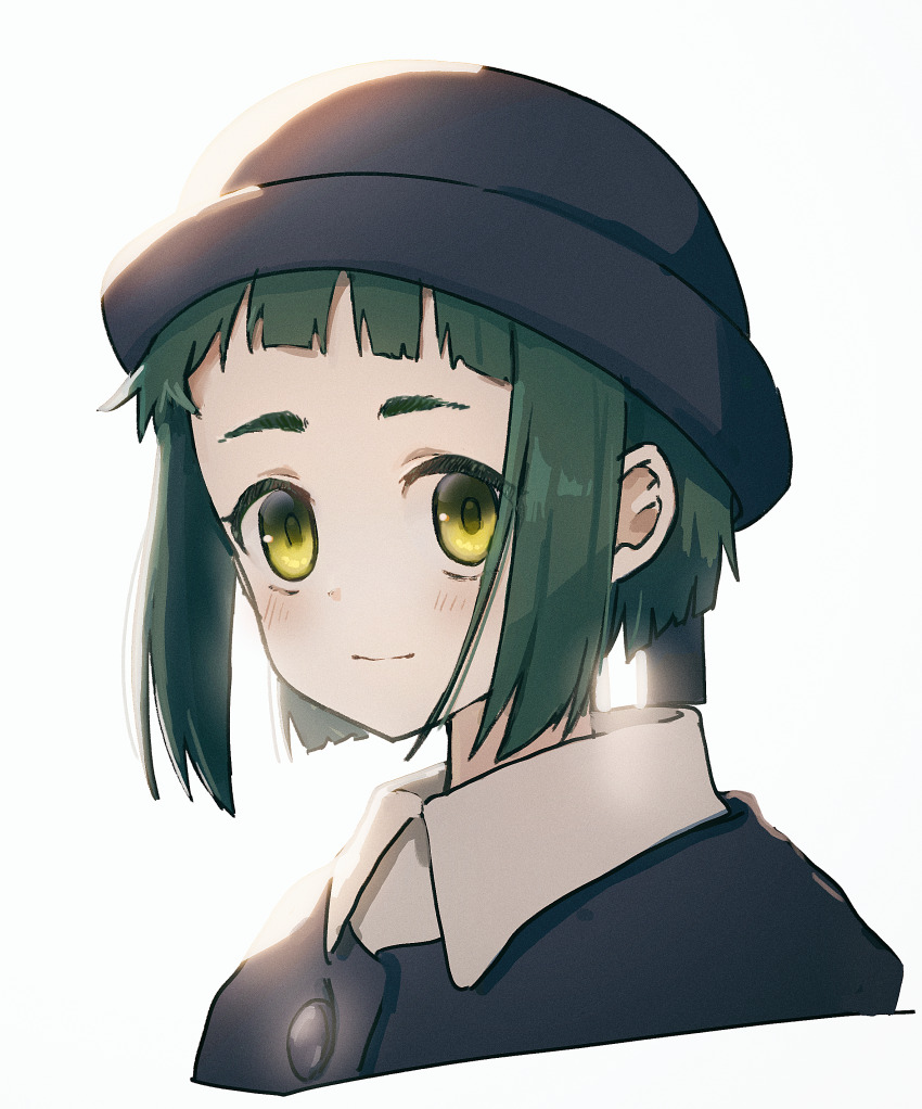 absurdres blue_hat blue_jacket blush curry_milks green_eyes green_hair hat hat_ribbon highres jacket light_smile milgram momose_amane ribbon school_uniform shirt short_bangs short_eyebrows short_hair white_background white_shirt