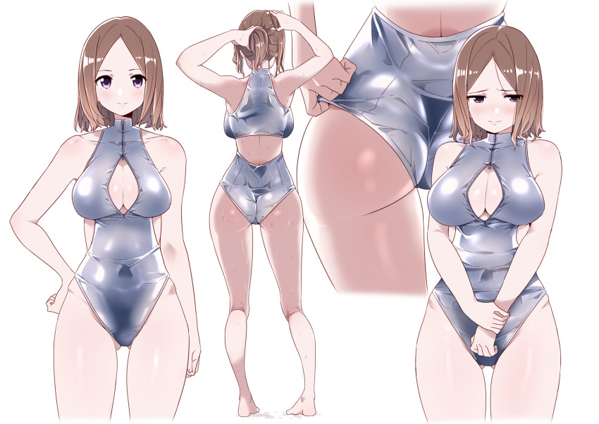 1girl adjusting_clothes adjusting_swimsuit ass barefoot blush breasts brown_hair cleavage cleavage_cutout closed_mouth clothing_cutout full_body hand_on_own_hip highres kuro_(toi_et_moi) large_breasts multiple_views one-piece_swimsuit original purple_eyes reference_sheet short_hair silver_one-piece_swimsuit simple_background smile swimsuit textless_version wet white_background