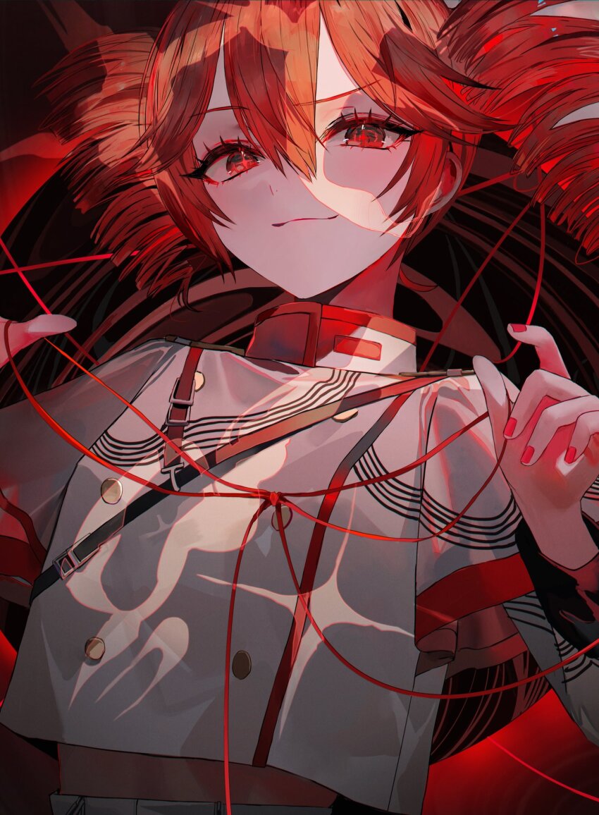 1girl closed_mouth cropped highres holding holding_string kasane_teto kasane_teto_(sv) light_smile looking_at_viewer muaooooo red_eyes red_hair red_nails shirt solo string synthesizer_v uniform upper_body utau