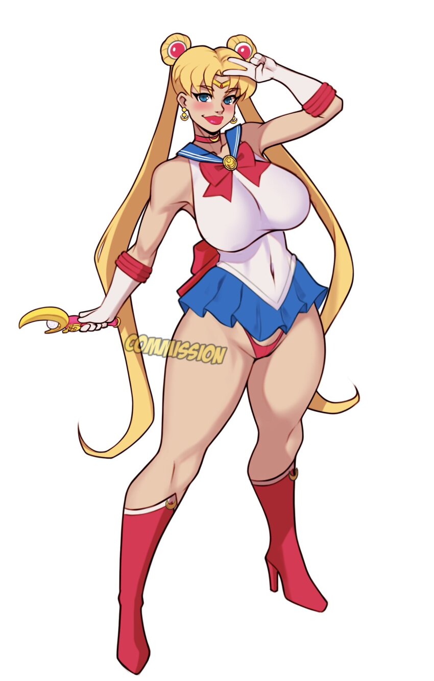 1girl bishoujo_senshi_sailor_moon blonde_hair blue_eyes blue_sailor_collar boots bow choker covered_navel double_bun elbow_gloves gloves hair_bun hair_ornament high_heel_boots high_heels highres jakuson_z jewelry long_hair magical_girl moon_stick_(sailor_moon) panties red_bow red_choker red_footwear red_lips red_panties sailor_collar sailor_moon sailor_senshi_uniform simple_background solo thick_thighs thighs thong tsukino_usagi twintails underwear white_background white_gloves