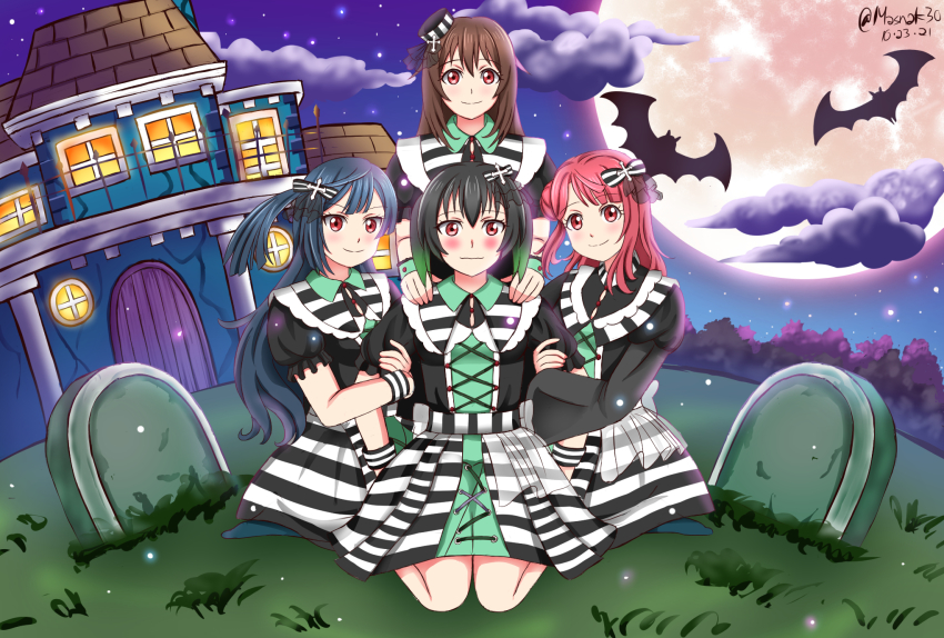 4girls alternate_hairstyle aqua_eyes artist_name artist_request back_bow bare_legs bat_(animal) bat_wings black_bow black_dress black_footwear black_hat black_legwear black_skirt blue_eyes blue_hair blue_sky blush boots bow braid braided_bun breasts brown_hair center_frills cloud collar collared_dress cross-laced_clothes cross-laced_dress cross-laced_footwear dark_blue_hair dark_green_hair dress female_focus frilled_collar frilled_dress frilled_skirt frills full_body full_moon grass green_bow green_eyes green_hair green_wrist_cuffs hair_between_eyes hair_bow hair_bun half_updo halloween hands_on_shoulders hat highres house locked_arms long_hair long_sleeves looking_at_viewer love_live! love_live!_nijigasaki_high_school_idol_club love_live!_school_idol_festival maze_town_(love_live!) mini_hat mini_top_hat miniskirt moon multicolored_hair multiple_girls night night_sky on_grass orange_hair osaka_shizuku outdoors parted_lips plaid_clothes plaid_dress plaid_skirt pleated pleated_dress pleated_skirt ponytail puffy_long_sleeves puffy_short_sleeves puffy_sleeves purple_sky red_eyes red_hair shirt short_hair short_sleeves side_bun side_ponytail single_side_bun skirt sky small_breasts smile star_(sky) striped_bow striped_clothes striped_dress striped_headwear striped_shirt striped_skirt striped_wrist_cuffs takasaki_yu tombstone top_hat two-tone_skirt uehara_ayumu white_skirt wing_collar wings wrist_cuffs yellow_eyes yuki_setsuna