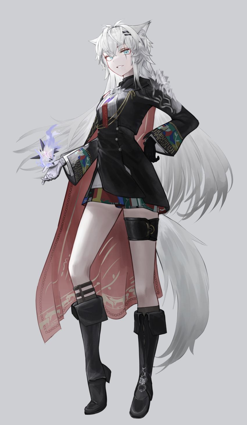 1girl absurdres animal_ears arknights black_dress black_footwear black_gloves blue_eyes boots buttons cape commentary contrapposto dress full_body gloves grey_background grey_hair grey_tail hair_between_eyes hair_ornament hairclip hand_on_own_hip highres knee_boots kojy_2524 lappland_(arknights) lappland_the_decadenza_(arknights) long_hair long_sleeves looking_at_viewer material_growth necktie official_alternate_costume oripathy_lesion_(arknights) parted_lips red_cape red_necktie scar scar_across_eye scar_on_face short_dress simple_background smile solo standing tail thigh_strap wolf_ears wolf_girl wolf_tail