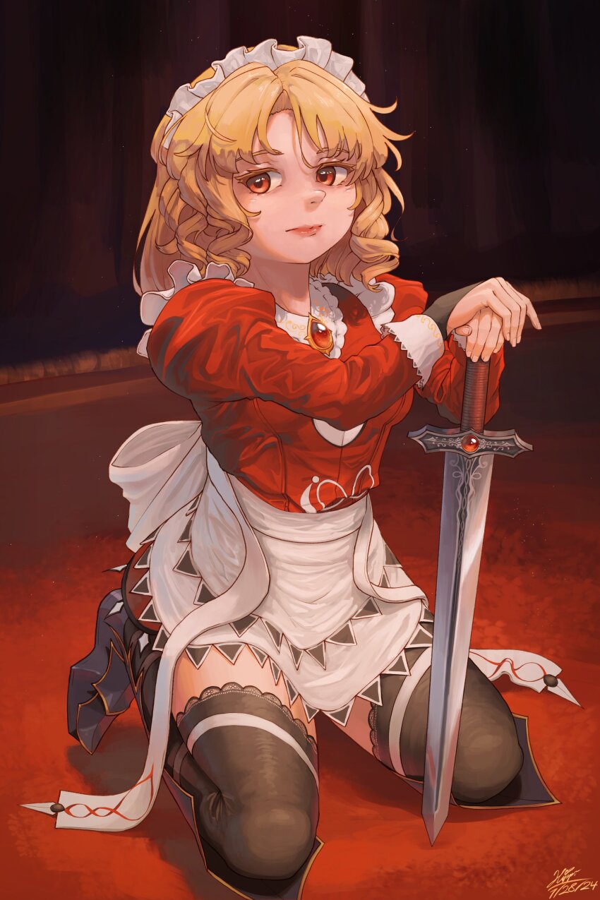 1girl absurdres apron back_bow black_footwear black_thighhighs blonde_hair bow breasts brooch closed_mouth dress drill_hair drill_sidelocks frilled_apron frills full_body gem highres hippppodraw holding holding_sword holding_weapon jewelry juliet_sleeves kneeling lips long_sleeves long_sword maid maid_headdress medium_breasts medium_hair puffy_sleeves red_dress ribbon sidelocks sword thighhighs touhou touhou_(pc-98) waist_bow weapon white_apron white_bow white_ribbon yellow_eyes yumeko_(touhou)