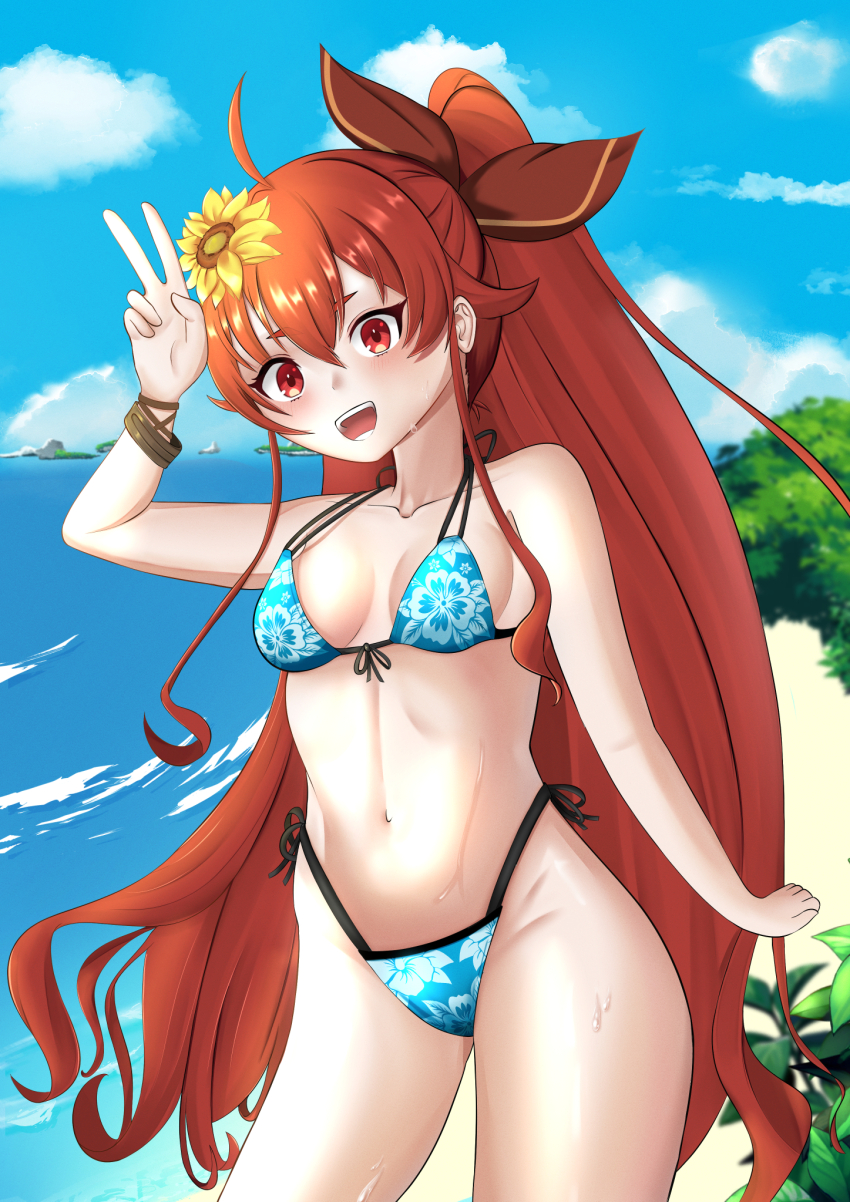 1girl beach bikini blue_sky blush breasts cloud eris_greyrat flower hair_flower hair_ornament highres long_hair looking_at_viewer mushoku_tensei ocean open_mouth outdoors red_eyes red_hair sand sky smile solo sunflower sunflower_hair_ornament sussix swimsuit thighhighs water