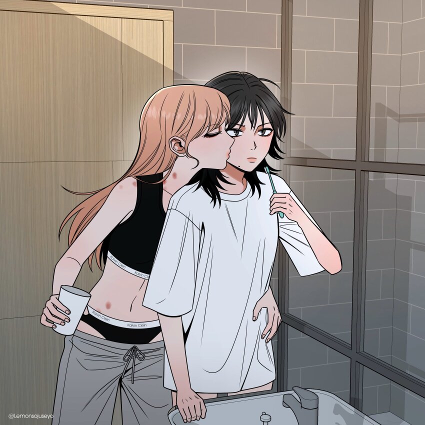 2girls absurdres bathroom black_eyes black_hair black_panties black_tank_top brown_eyes brushing_teeth calvin_klein commentary crop_top cup english_commentary faucet grey_pants hand_on_another&#039;s_waist hickey highres holding holding_cup indoors kiss kissing_cheek lemonsoju linea_alba long_hair looking_at_another medium_hair mole mole_under_mouth multiple_girls orange_hair original panties pants parted_lips shirt short_sleeves sink sweatpants tank_top underwear white_shirt yuri