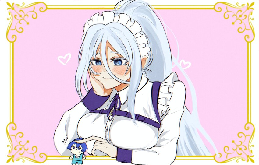 1boy 1girl blue_eyes blue_hair blush breasts chibi closed_mouth cropped_torso dress hair_between_eyes hand_on_own_cheek hand_on_own_face heart highres ho_n_no large_breasts lloyd_de_saloum long_hair looking_down maid maid_headdress notice_lines pink_background ponytail sylpha_(dai_nana_oji) tensei_shitara_dai_nana_oji_datta_no_de:_kimama_ni_majutsu_o_kiwamemasu very_long_hair white_dress white_headdress