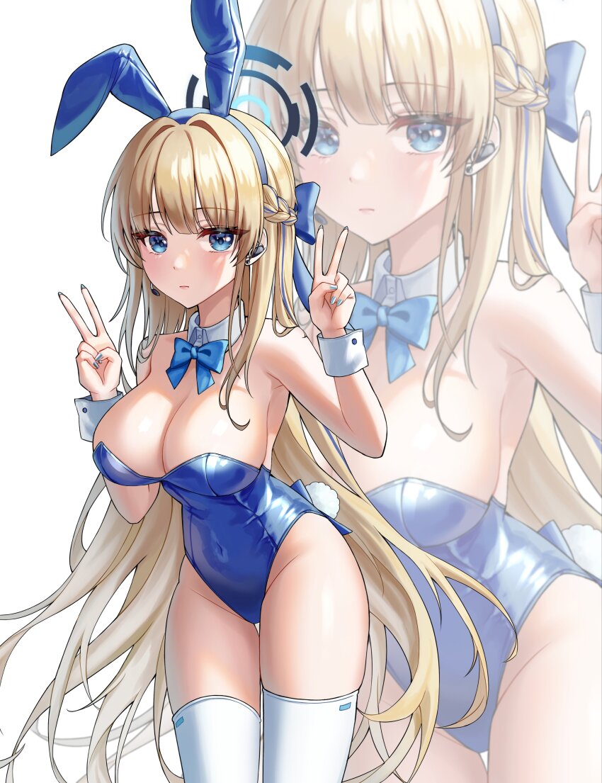 1girl absurdres animal_ears bare_shoulders blonde_hair blue_archive blue_bow blue_bowtie blue_eyes blue_hair blue_halo blue_leotard blue_nails blunt_bangs bow bowtie braid breasts cleavage closed_mouth collar covered_navel cowboy_shot detached_collar double_v expressionless fake_animal_ears fake_tail fingernails hair_bow hair_intakes half_up_braid halo hands_up highleg highleg_leotard highres large_breasts leotard long_fingernails long_hair looking_at_viewer mella_(mell_a12) multicolored_hair nice_knee_socks_day official_alternate_costume official_alternate_hairstyle playboy_bunny rabbit_ears rabbit_tail simple_background solo strapless strapless_leotard streaked_hair tail thigh_gap thighhighs toki_(blue_archive) toki_(bunny)_(blue_archive) v white_background white_collar white_thighhighs white_wrist_cuffs wrist_cuffs zoom_layer