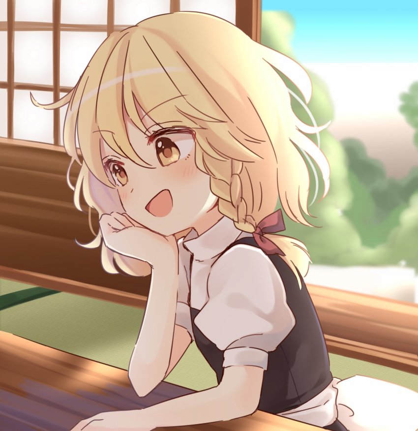 1girl :d blonde_hair blush braid female_focus hakurei_shrine hat head_rest highres kirisame_marisa messy_hair open_mouth puffy_short_sleeves puffy_sleeves short_hair short_sleeves side_braid single_braid sitting smile solo table touhou turtleneck vest wavy_hair witch_hat yellow_eyes yururi_nano