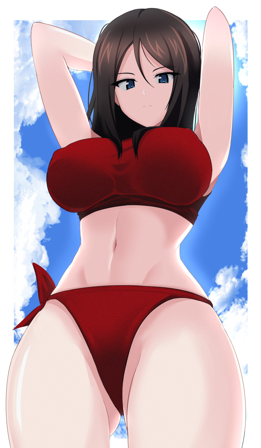 1girl absurdres aikir_(jml5160) armpits arms_behind_head arms_up bikini blue_eyes blue_sky border breasts brown_hair closed_mouth commentary_request covered_erect_nipples cowboy_shot day from_below girls_und_panzer gluteal_fold highres large_breasts long_hair looking_at_viewer looking_down navel nonna_(girls_und_panzer) outdoors outside_border parted_bangs red_bikini sky solo stomach swimsuit toned white_border