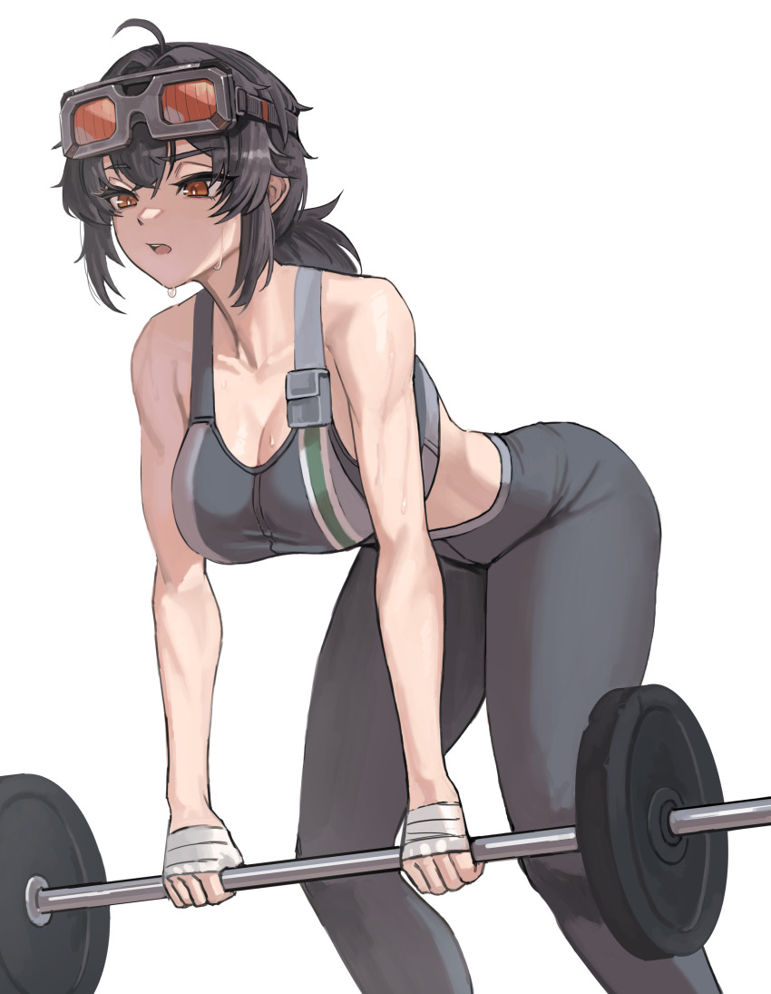 1girl absurdres ahoge barbell bare_shoulders bent_over black_hair black_pants black_sports_bra breasts cleavage collarbone exercising goggles goggles_on_head grace_howard hair_between_eyes hand_wraps highres holding large_breasts long_hair open_mouth orange_eyes pants simple_background soldat_(dndosld73832) solo sports_bra sweat toned_female weightlifting white_background yoga_pants zenless_zone_zero zipper_top