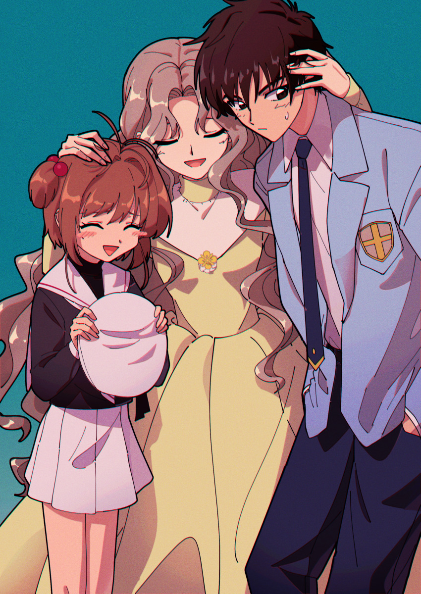 1boy 2girls absurdres alt_text brother_and_sister brown_hair cardcaptor_sakura child closed_eyes closed_mouth highres kinomoto_nadeshiko kinomoto_sakura kinomoto_touya mother_and_daughter mother_and_son multiple_girls nzeneee open_mouth school_uniform serafuku siblings simple_background size_difference skirt tomoeda_elementary_school_uniform tomoeda_high_school_uniform white_skirt