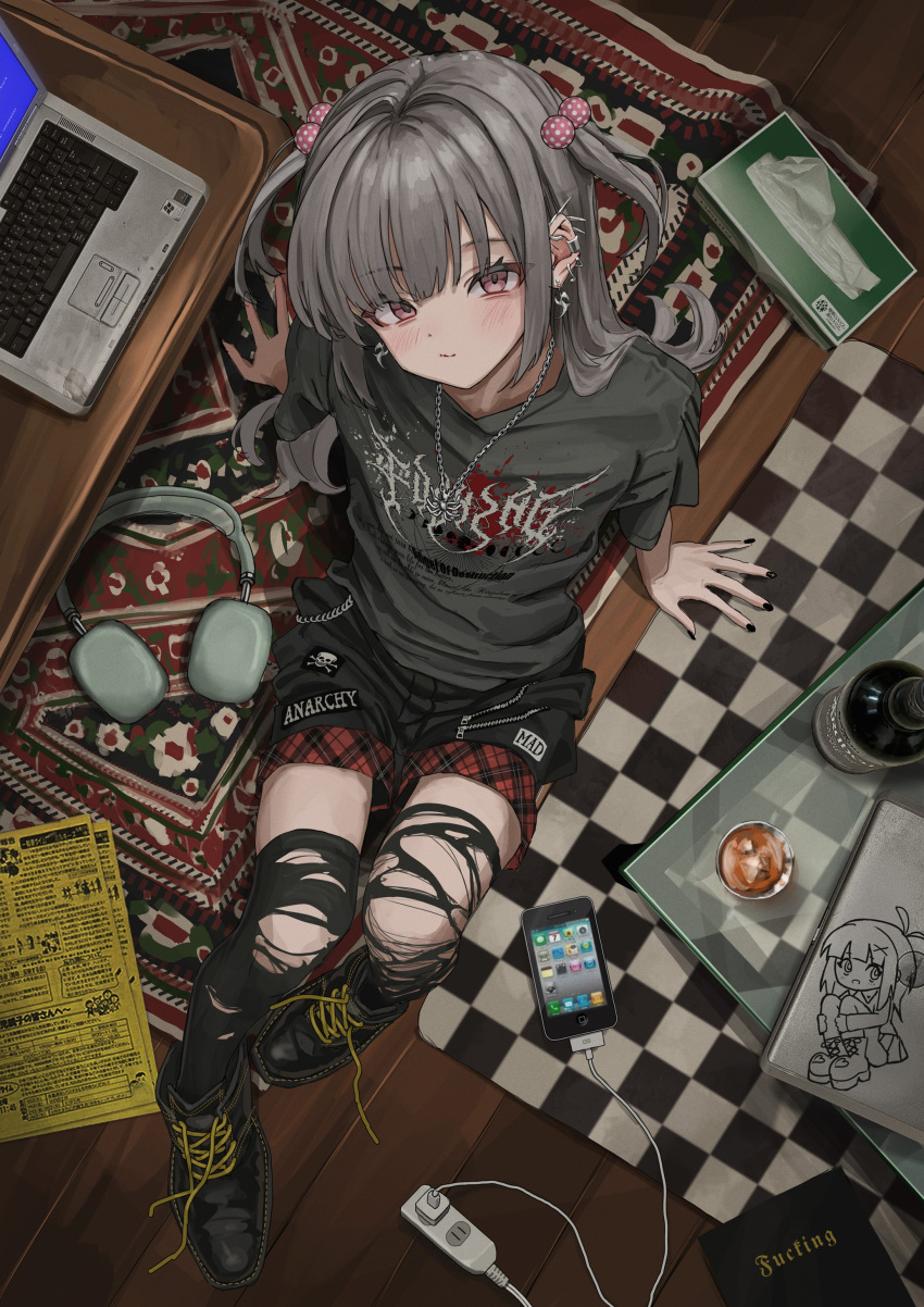 1girl absurdres alcohol arm_support belt_chain black_footwear black_nails black_shorts black_thighhighs blue_screen_of_death blush book boots bottle breasts cellphone charger checkered_floor closed_mouth computer cup dell doodles drink earclip earrings electrical_outlet extension_cord eyelashes from_above gishiki_(gshk) glass_table grey_hair grey_shirt hair_bobbles hair_ornament head_tilt headphones headphones_removed highres holding holding_cup iphone iphone_(first_generation) jewelry laptop liquor long_hair looking_at_viewer looking_up multiple_earrings nail_polish necklace original paid_reward_available paper patch pendant phone pink_eyes plaid_clothes plaid_shorts print_shirt punk red_shorts rug shirt shorts skull_and_crossbones small_breasts smartphone solo spider_necklace spiked_ear_piercing table thighhighs tissue_box torn_clothes torn_thighhighs two-sided_fabric two-tone_shirt two_side_up untied_footwear windows_logo wooden_floor zipper zipper_pull_tab