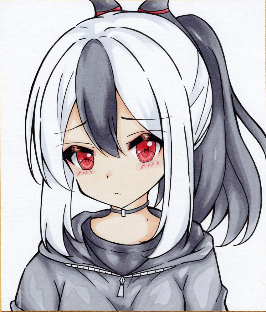 1girl black_hair black_shirt blue_archive blush closed_mouth commentary_request dakkusu grey_hoodie highres hood hood_down hoodie horns kayoko_(blue_archive) looking_at_viewer marker_(medium) mole mole_on_neck multicolored_hair photo_(medium) ponytail shirt sidelocks solo traditional_media two-tone_hair upper_body white_hair