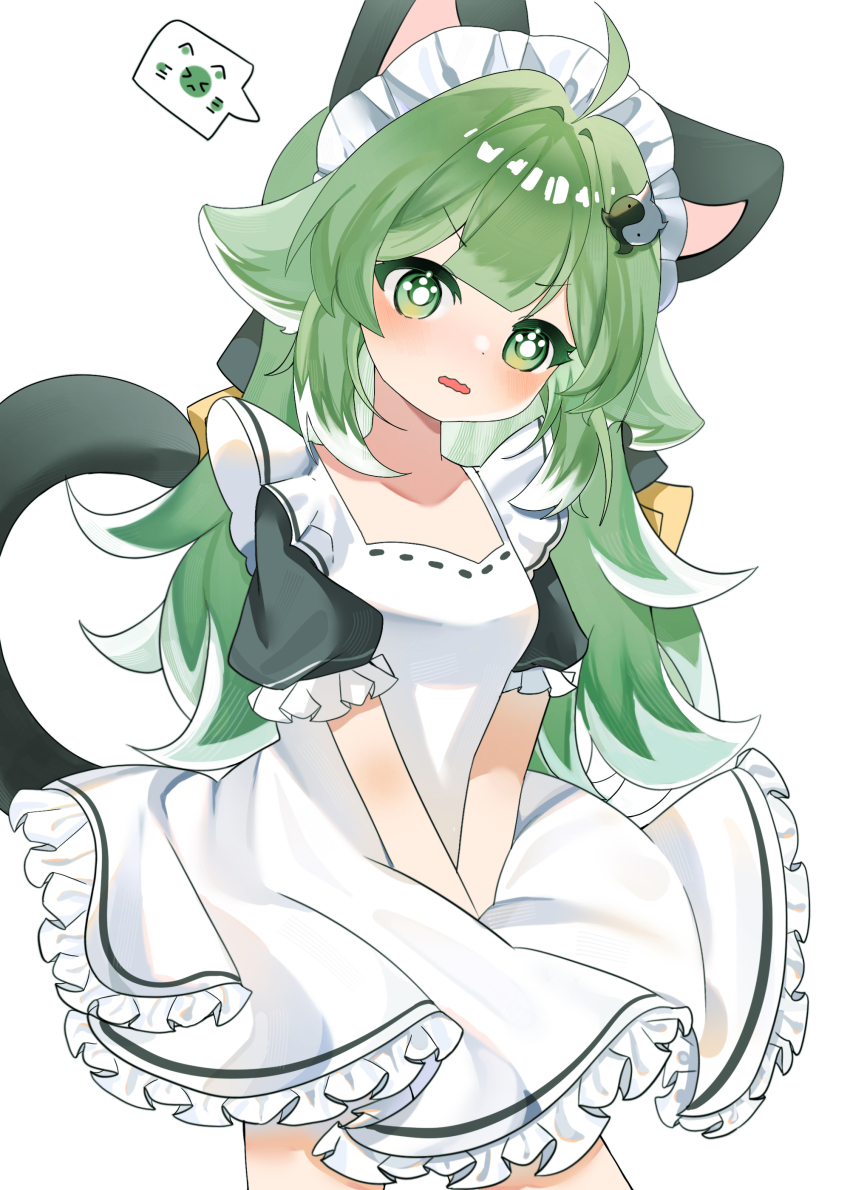 1girl absurdres ahoge animal_ears apron black_dress blush breasts cat_ears cat_tail dress extra_ears eyebrows_hidden_by_hair fox_ears fox_girl green_hair hato_(user_wmat7478) head_tilt highres honkai:_star_rail honkai_(series) huohuo_(honkai:_star_rail) long_hair looking_at_viewer maid maid_apron maid_headdress open_mouth simple_background small_breasts solo spoken_emoji tail wavy_mouth white_apron white_background white_headdress yin_yang_hair_ornament