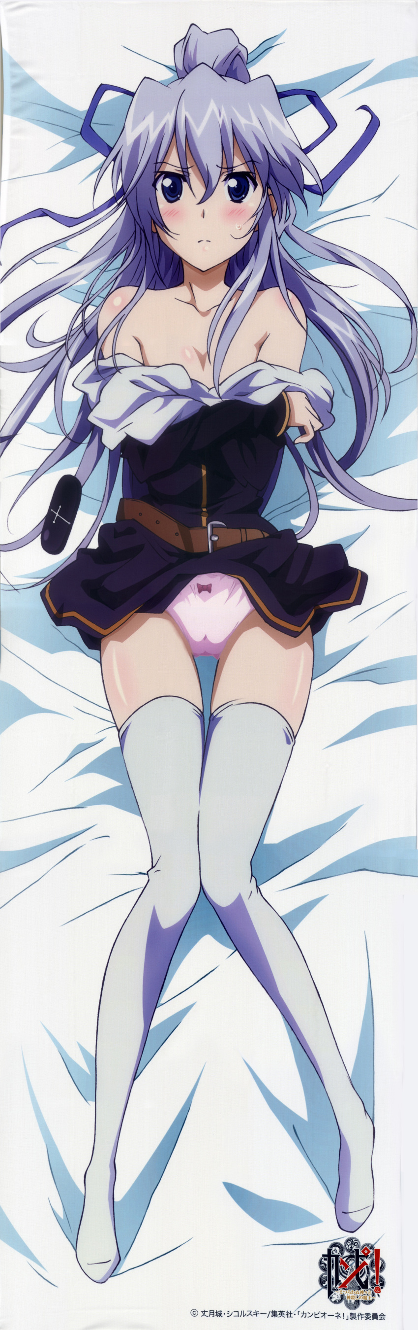 10s 1girl absurdres bed bed_sheet belt blue_eyes blush bow bow_panties campione! copyright_name dakimakura_(medium) female_focus full_body highres liliana_kranjcar long_hair looking_at_viewer lying off_shoulder official_art on_back on_bed panties purple_hair solo thigh_gap thighhighs underwear white_thighhighs