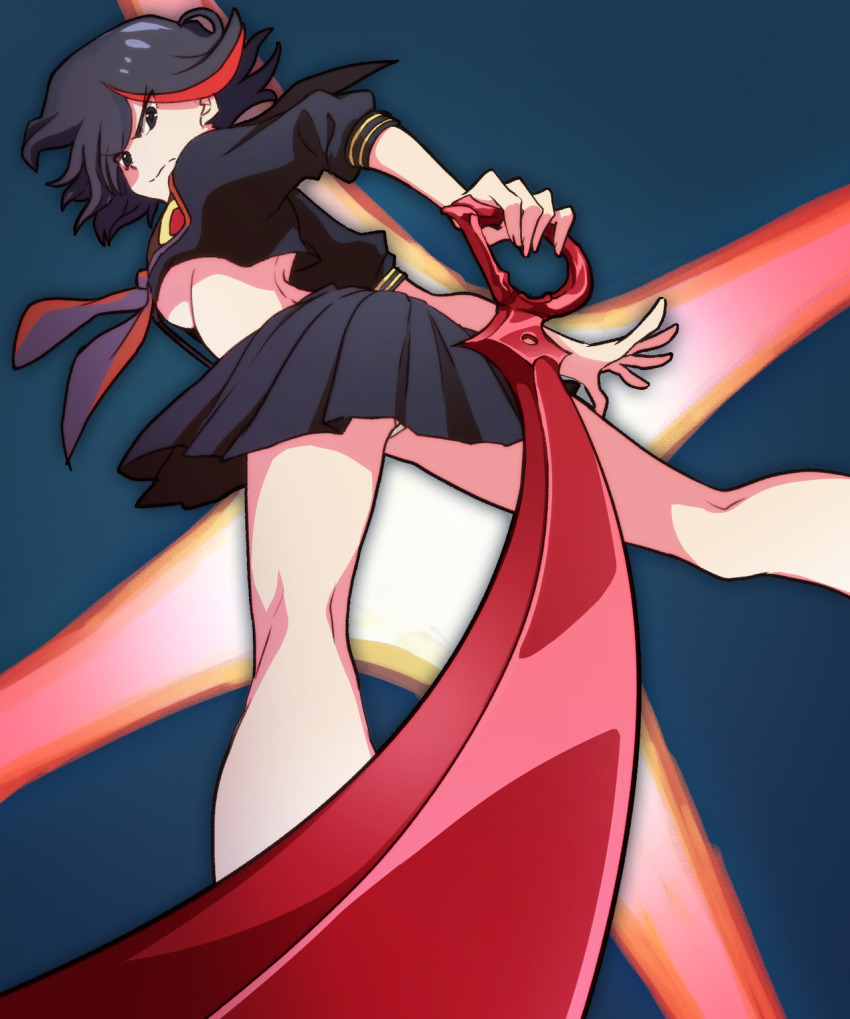 1girl angry black_hair black_skirt breasts champi closed_mouth foreshortening from_below highres kill_la_kill matoi_ryuuko neckerchief pleated_skirt red_neckerchief school_uniform scissor_blade_(kill_la_kill) senketsu short_hair skirt solo underboob upskirt