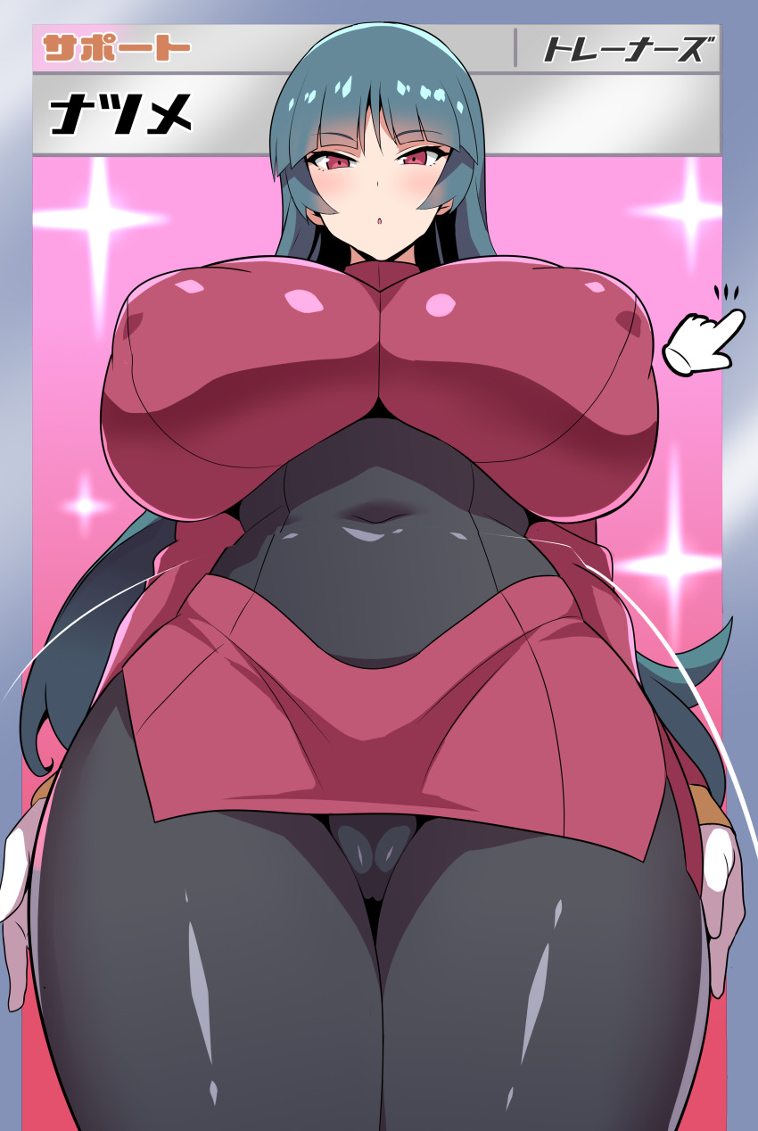 1girl absurdres black_hair blunt_bangs blush breasts creatures_(company) crop_top game_freak gloves highres konno_tohiro large_breasts long_hair looking_at_viewer navel nintendo paid_reward_available pantyhose pokemon pokemon_frlg pokemon_tcg pokemon_tcg_pocket red_eyes sabrina_(pokemon) skirt solo white_gloves