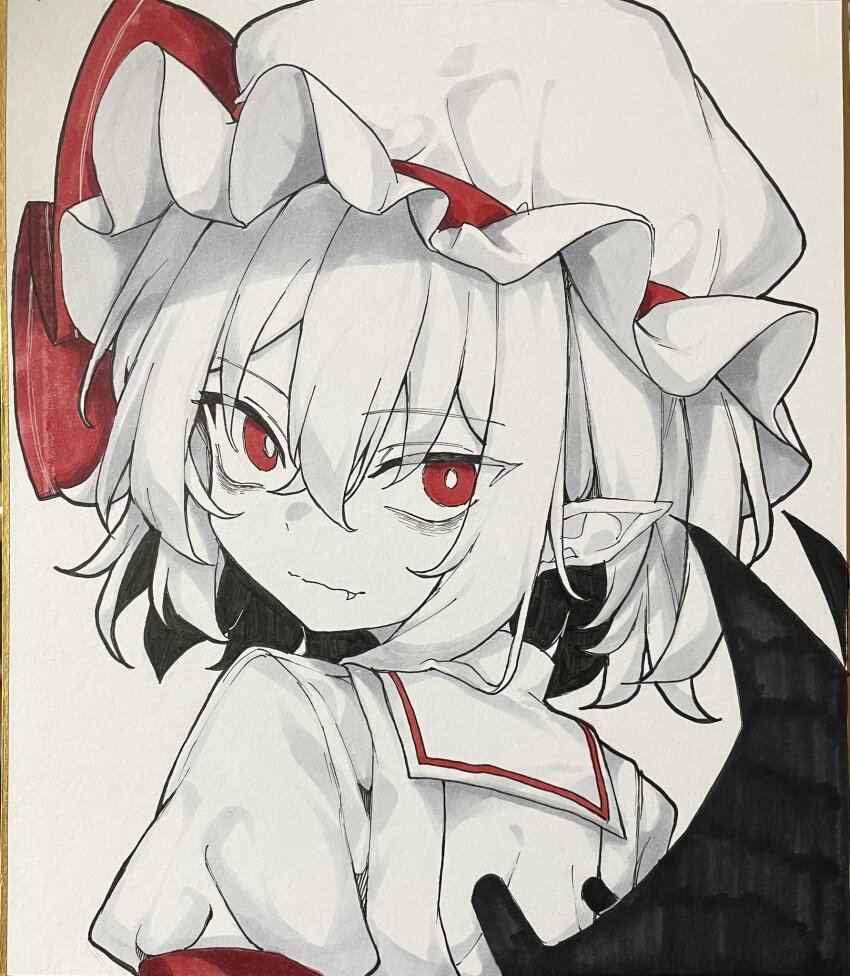 1girl bags_under_eyes bat_wings bright_pupils closed_mouth commentary cropped_shoulders fang fang_out from_behind graphite_(medium) hair_between_eyes hat hat_ribbon highres hisha_(kan_moko) looking_at_viewer looking_back mob_cap photo_(medium) pointy_ears puffy_short_sleeves puffy_sleeves red_eyes red_ribbon remilia_scarlet ribbon shikishi shirt short_hair short_sleeves simple_background solo touhou traditional_media upper_body white_pupils white_shirt wings