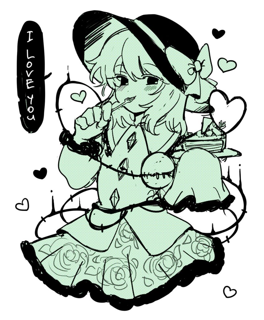 1girl black_hat blouse blush buttons cake cake_slice collared_shirt commentary diamond_button eating english_text eyeball floral_print food fork frilled_shirt_collar frilled_skirt frilled_sleeves frills green_theme hair_between_eyes hat hat_ribbon heart heart_of_string highres holding holding_plate komeiji_koishi long_sleeves looking_at_viewer medium_hair medium_skirt monochrome no_legs plate rbfnrbf_(mandarin) ribbon rose_print shirt simple_background skirt sleeves_past_fingers sleeves_past_wrists smile solo symbol-only_commentary third_eye thorns touhou utensil_in_mouth wavy_hair white_background wide_sleeves