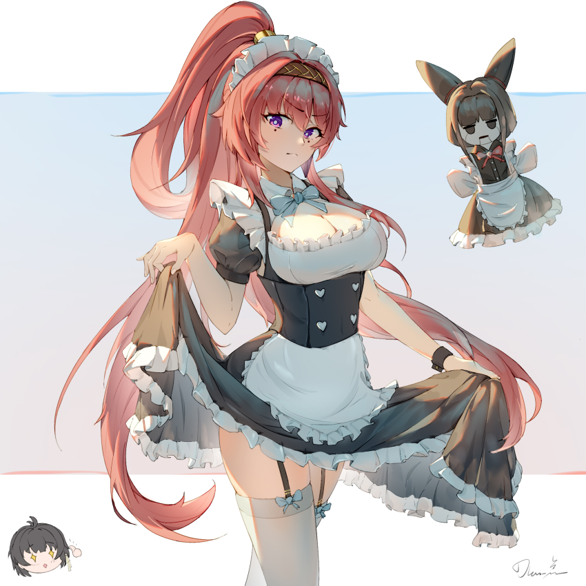 2girls alternate_costume apron black_skirt breasts bright_pupils circle_facial_mark cleavage closed_mouth cowboy_shot dian_point earrings facial_mark female_rover_(wuthering_waves) hair_between_eyes high_ponytail highres jewelry katsuyamamage large_breasts long_hair looking_at_viewer maid maid_apron maid_headdress mark_under_both_eyes multiple_girls pointy_ears purple_eyes red_hair rover_(wuthering_waves) sidelocks simple_background skirt very_long_hair white_background white_pupils wuthering_waves yinlin_(wuthering_waves) zapstring_(wuthering_waves)