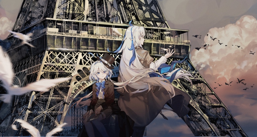 1boy 1girl absurdres ahoge bird black_coat black_hat black_jacket blue_eyes blue_hair cloud coat eiffel_tower furina_(genshin_impact) genshin_impact hair_between_eyes hat heterochromia highres jacket light_blue_hair long_hair multicolored_hair neuvillette_(genshin_impact) outdoors shorts sidelocks sitting sky standing streaked_hair suitcase top_hat two-tone_hair white_hair xuemen