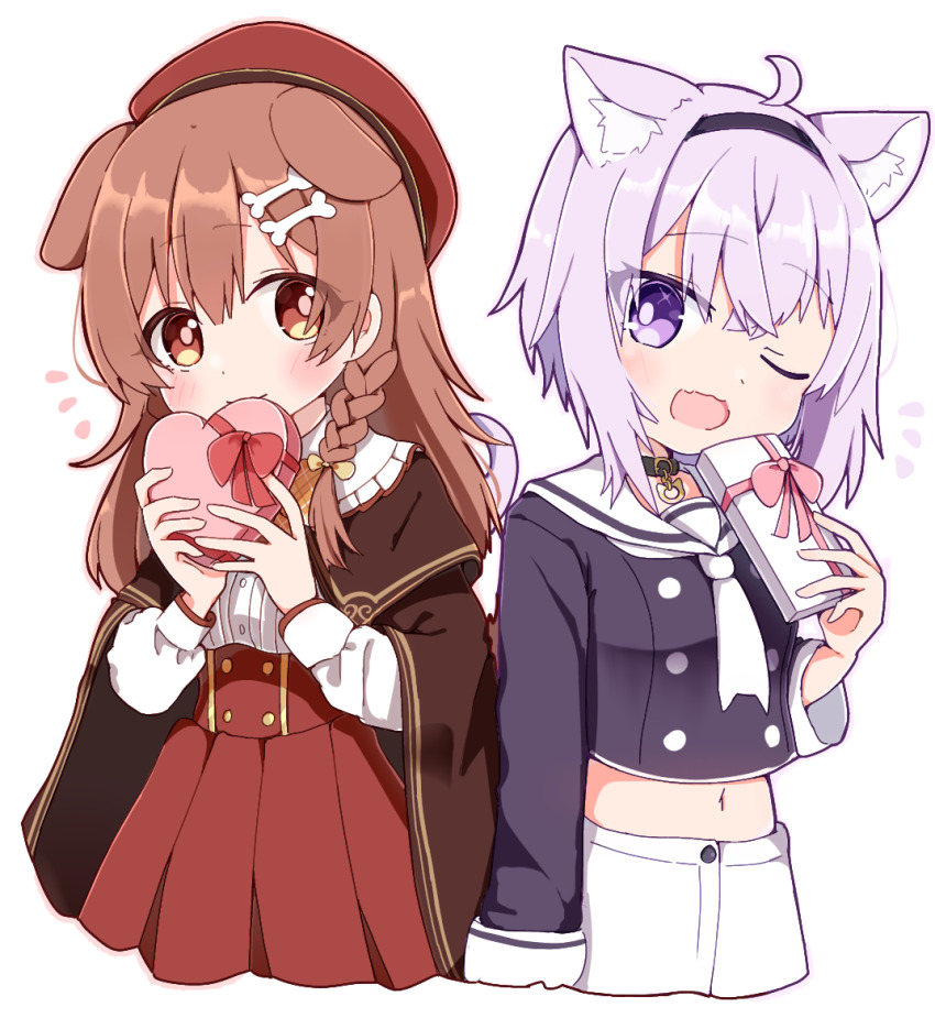 2girls ;d animal_ears blush box brown_cape brown_capelet brown_hair cape capelet cat_ears cat_girl chibi cropped_legs dog_ears dog_girl heart-shaped_box hololive inugami_korone inugami_korone_(street) looking_at_viewer multiple_girls nekomata_okayu nekomata_okayu_(casual) notice_lines one_eye_closed open_mouth purple_eyes purple_hair rabiiandrain sailor_collar school_uniform serafuku smile valentine virtual_youtuber white_background white_sailor_collar