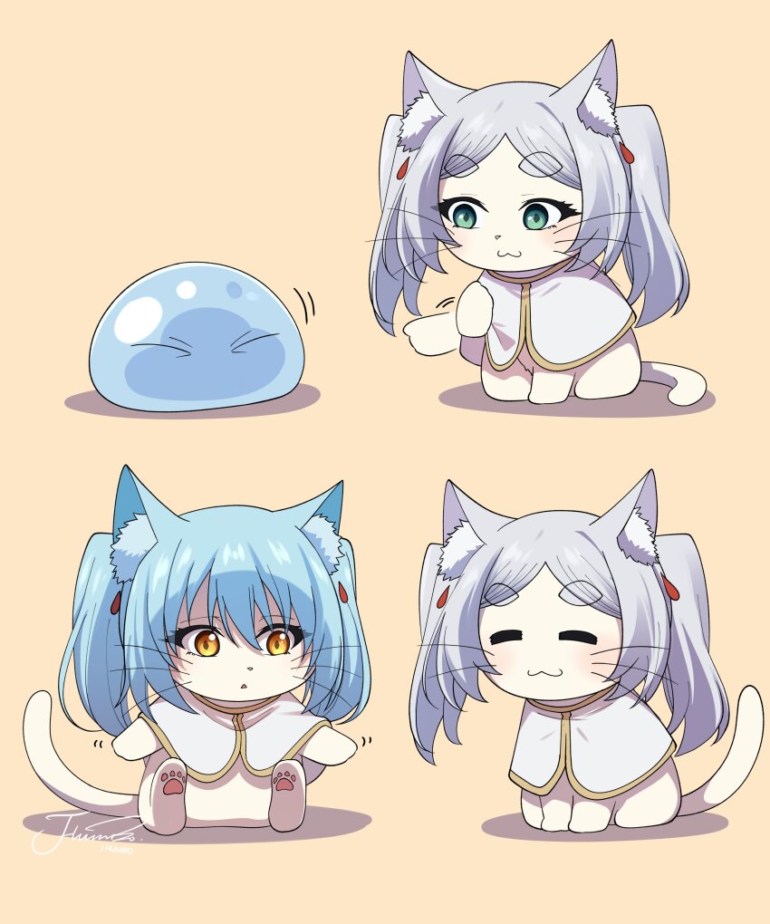 :3 absurdres animal animal_ear_fluff animalization artist_name blush brown_background cat frieren green_eyes grey_hair highres j_humbo long_hair multiple_views no_humans parted_bangs rimuru_tempest_(slime) smile sousou_no_frieren tensei_shitara_slime_datta_ken twintails