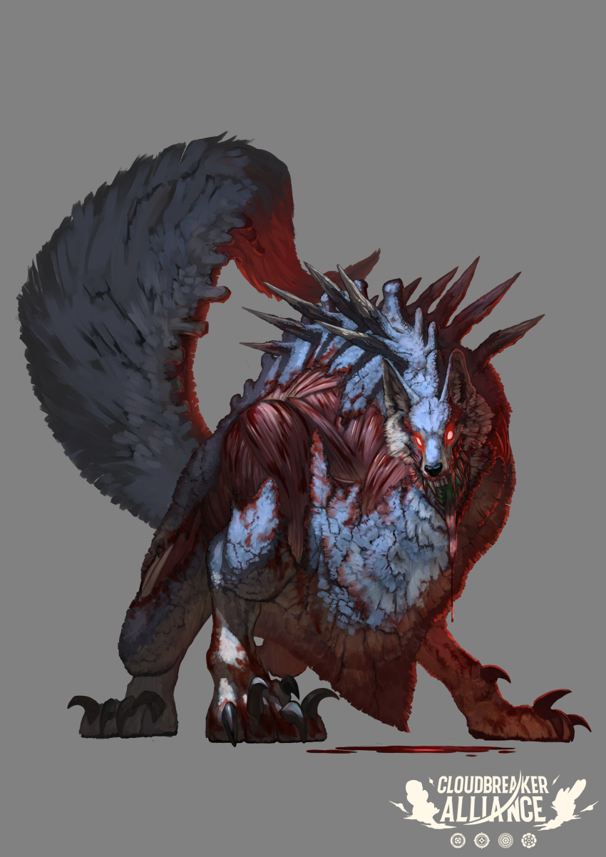 absurdres animal_ears blood claws cloudbreaker_alliance copyright_name exposed_muscle full_body glowing glowing_eyes grey_background highres long_tongue monster official_art red_eyes sharp_teeth simple_background solo spikes tagme tail teeth tongue wolf wolf_ears wolf_tail yumo80295386