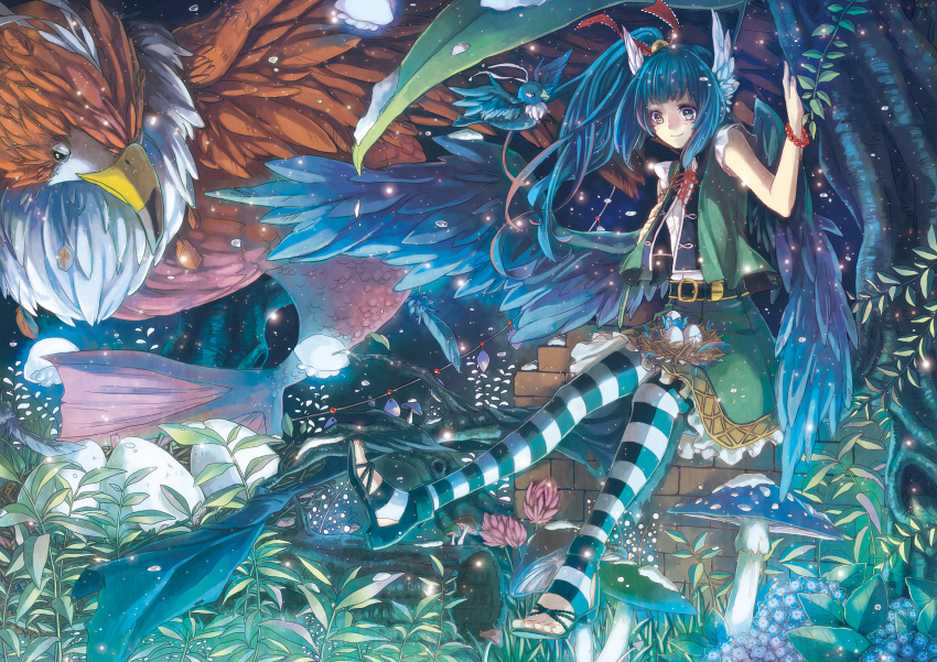 1girl amaichi_esora arm_support beak belt belt_buckle bird blue_hair blue_wings bracelet brick_wall buckle egg fantasy feathers feet female_focus fins fish_tail flower frilled_skirt frilled_sleeves frills green_eyes green_skirt green_vest hair_ribbon high_heels high_ponytail highres in_tree jewelry large_wings layered_clothes leaf light_particles log long_hair looking_down mushroom original outstretched_wings pantyhose ribbon sandals scales shirt shoes short_sleeves sitting sitting_in_tree skirt smile snow solo striped_clothes striped_pantyhose tail toeless_footwear toeless_legwear toes tree vest white_shirt wings