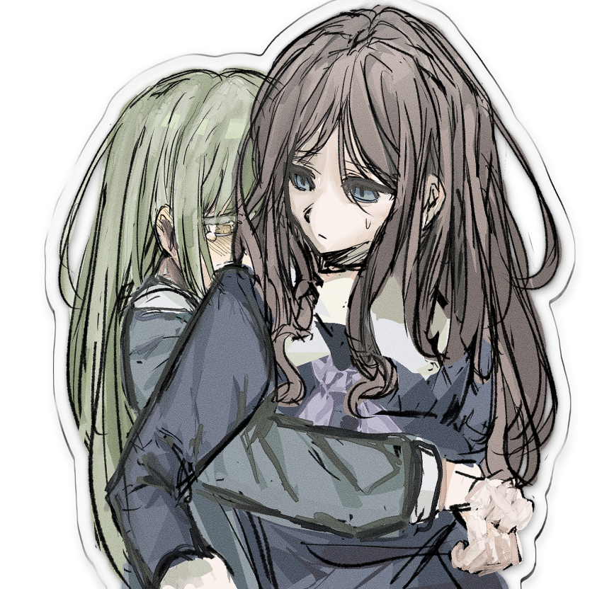 2girls bang_dream! bang_dream!_it&#039;s_mygo!!!!! baudrillardyuri blue_eyes blue_shirt blush brown_hair closed_mouth colored_eyelashes front-to-back green_hair grey_pajamas highres hug hug_from_behind long_sleeves looking_at_another looking_back looking_down mortis_(bang_dream!) multiple_girls nagasaki_soyo outline pajamas parted_bangs school_uniform shirt simple_background sweatdrop tears tsukinomori_school_uniform turning_head upper_body wakaba_mutsumi white_background winter_uniform yellow_eyes yuri