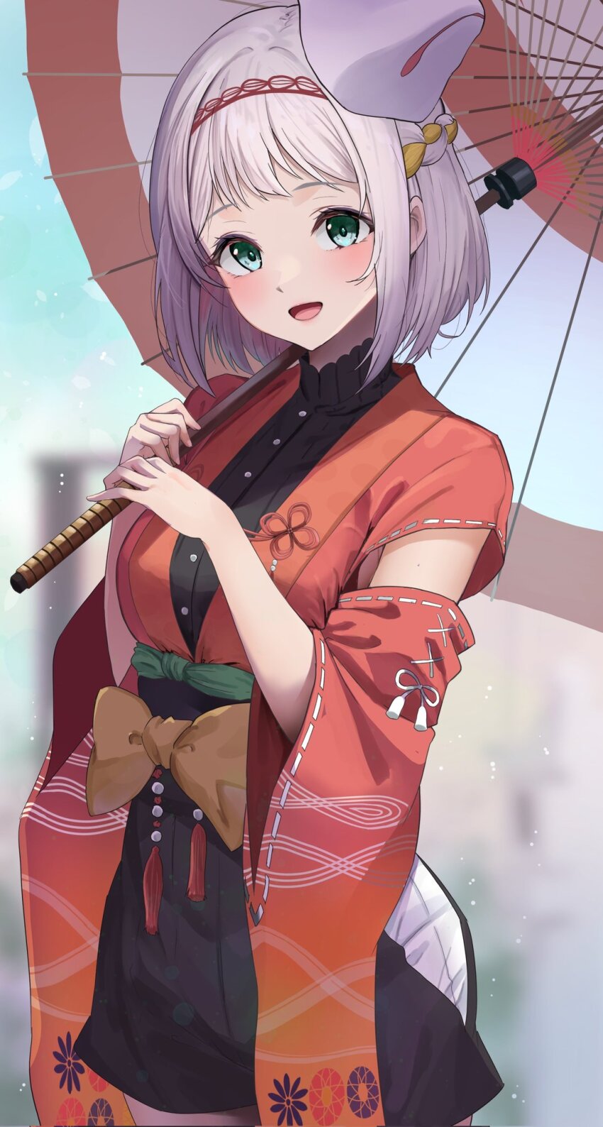 1girl black_dress blue_eyes blurry blurry_background blush bow brown_bow cowboy_shot detached_sleeves dot_nose dress dress_bow fox_mask gakuen_idolmaster green_bow grey_hair hair_ribbon hairband half_up_braid highres holding holding_umbrella idolmaster japanese_clothes kamurogiku_(idolmaster) katsuragi_lilja kimono looking_at_viewer mask mask_on_head oil-paper_umbrella open_mouth red_hairband red_kimono red_sleeves ribbon ribbon-trimmed_sleeves ribbon_braid ribbon_trim sezok short_hair short_sleeves smile solo standing umbrella white_bow wide_sleeves yellow_ribbon