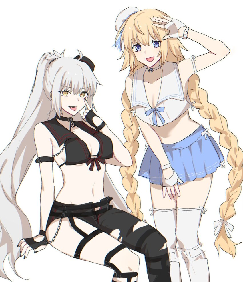 2girls ahoge asymmetrical_clothes black_choker black_gloves black_hat black_pants black_shirt blonde_hair blue_eyes blue_skirt braid breasts chain choker cleavage collarbone collared_shirt fate/grand_order fate_(series) fingerless_gloves gloves grey_hair hat highres invisible_chair jeanne_d&#039;arc_(fate) jeanne_d&#039;arc_(mystery_treasure)_(fate) jeanne_d&#039;arc_(swimsuit_archer)_(fate) jeanne_d&#039;arc_alter_(fate) jeanne_d&#039;arc_alter_(mystery_treasure)_(fate) jeanne_d&#039;arc_alter_(swimsuit_berserker)_(fate) long_hair looking_at_viewer midriff mini_hat multiple_girls navel nekwnek official_alternate_costume official_alternate_hairstyle open_mouth pale_skin pants pleated_skirt ponytail shirt simple_background single_pantsleg sitting skirt sleeveless sleeveless_shirt smile stomach thighhighs tongue tongue_out twin_braids very_long_hair white_background white_choker white_gloves white_hat white_shirt white_thighhighs yellow_eyes