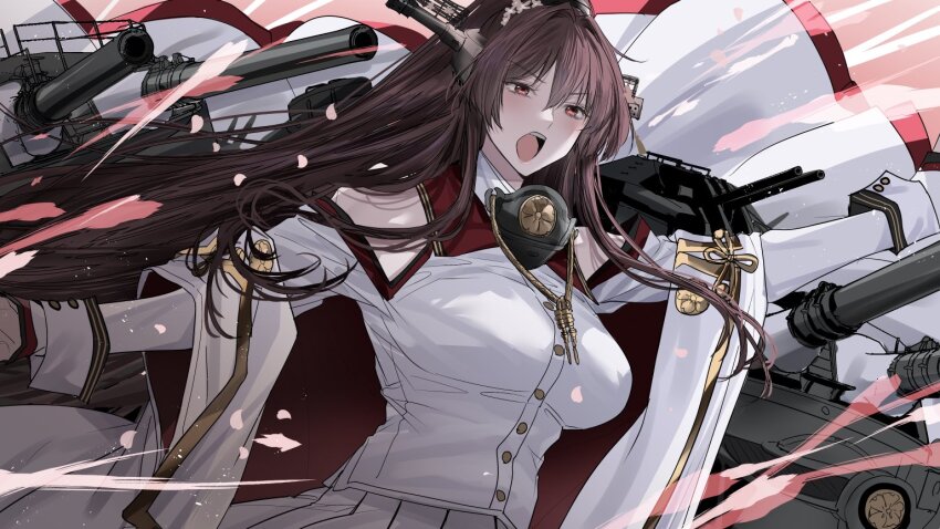 1girl bare_shoulders breasts brown_hair commentary_request commission hair_between_eyes headgear ichimonme_(ichi) kantai_collection large_breasts long_hair long_sleeves open_mouth pleated_skirt ponytail red_eyes rigging ship_turret sidelocks skeb_commission skirt solo very_long_hair white_skirt wide_sleeves yamato_(kancolle) yamato_kai_ni_(kancolle)