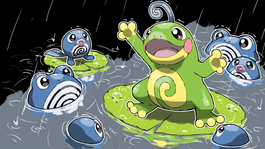 :d :o animal_focus blacknirrow brown_eyes creatures_(company) evolutionary_line frog game_freak gen_1_pokemon gen_2_pokemon highres lily_pad nintendo no_humans open_mouth outline pokemon pokemon_(creature) politoed poliwag poliwhirl rain ripples smile standing swimming water white_outline