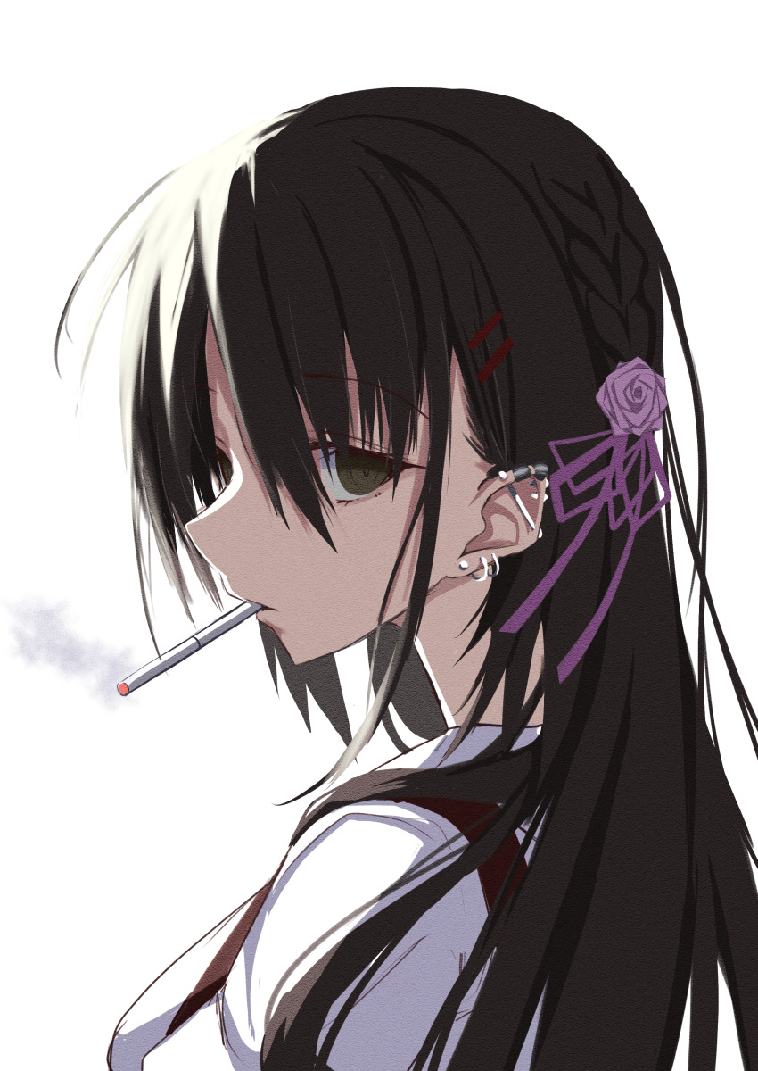 1girl absurdres black_hair braid brown_eyes cafe_stella_to_shinigami_no_chou cigarette close-up commentary ear_piercing earrings eyelashes from_side hair_between_eyes hair_ornament hair_ribbon hairclip highres jewelry long_hair looking_at_viewer mkn_yu nose piercing pink_ribbon profile ribbon shiki_natsume shirt side_braid simple_background smoke smoking solo stud_earrings white_background white_shirt