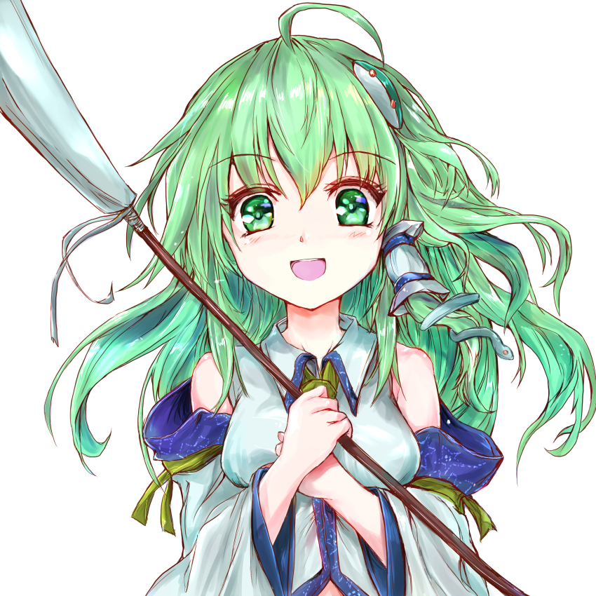 1girl ahoge bare_shoulders breasts collared_shirt detached_sleeves frog_hair_ornament gohei green_eyes green_hair hair_ornament hair_tubes highres holding holding_gohei ikazuchi_akira kochiya_sanae long_hair looking_at_viewer open_mouth ribbon shirt simple_background single_hair_tube single_sidelock snake_hair_ornament solo touhou white_background