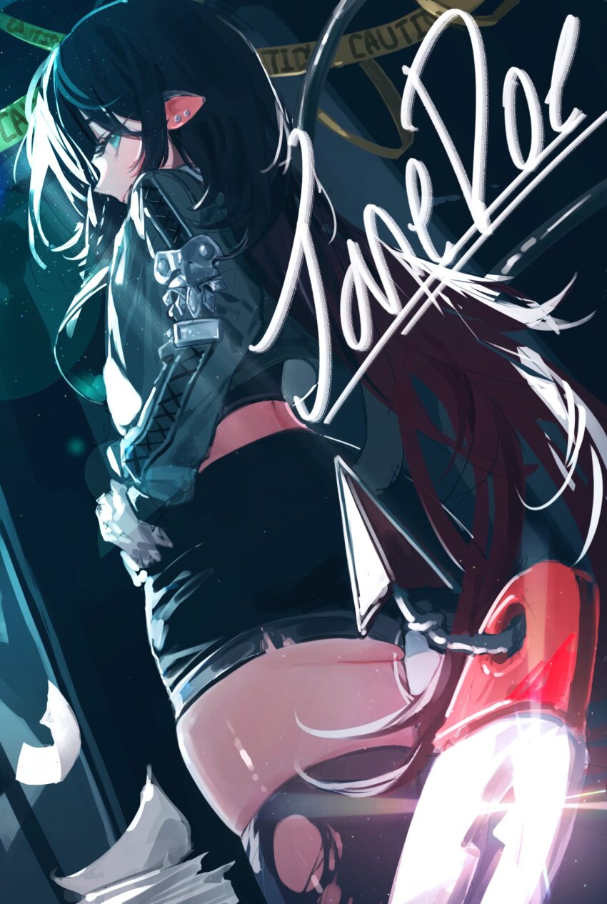 1girl amu1207 animal_ear_piercing animal_ears aqua_eyes aqua_jacket ass black_hair black_thighhighs breasts caution_tape character_name cowboy_shot crop_top from_behind highres jacket jane_doe_(zenless_zone_zero) large_breasts long_hair looking_at_viewer mouse_ears mouse_girl mouse_tail multicolored_hair paper_stack red_hair solo tail thighhighs thighs torn_clothes torn_thighhighs two-tone_hair zenless_zone_zero