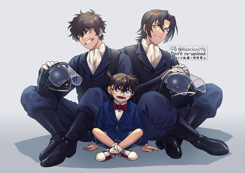 3boys ascot black_hair blue_eyes blue_vest bow bowtie bulletproof_vest commentary_request edogawa_conan full_body glasses hagiwara_kenji hair_between_eyes helmet holding holding_helmet indian_style japan_national_police looking_at_viewer male_focus matsuda_jinpei meitantei_conan multiple_boys police police_uniform policeman red_bow red_bowtie remsor076 shoes short_hair shorts sitting smile sneakers twitter_username vest white_ascot