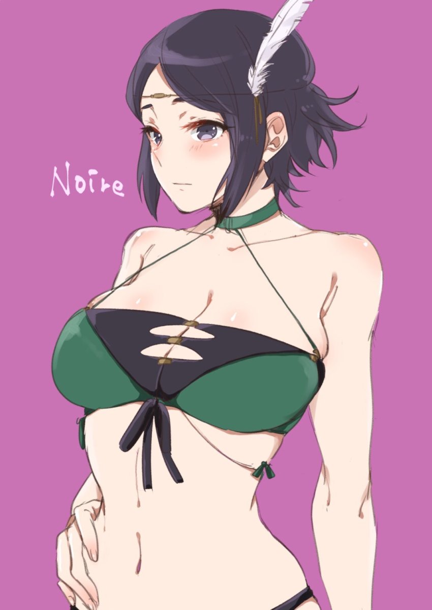 1girl bikini black_hair blush breasts cleavage female_focus fire_emblem fire_emblem_awakening fire_emblem_heroes green_bikini hair_ornament hand_on_own_hip highres large_breasts looking_away navel nekolook nintendo noire_(fire_emblem) purple_eyes short_hair simple_background solo swimsuit