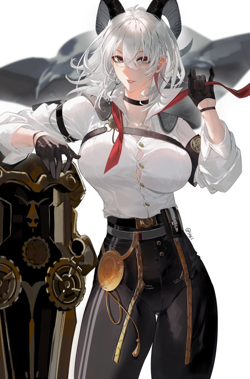 1girl armband artist_name black_armband black_choker black_gloves black_horns black_jacket black_pants breasts button_gap choker collared_shirt commentary curled_horns earrings english_commentary floating_clothes gloves hair_spread_out high-waist_pants highres horns jacket jacket_on_shoulders jewelry key_earrings large_breasts light_smile medium_hair necktie pants parted_lips red_necktie shei99 shield shirt simple_background solo tight_clothes tight_pants undone_necktie white_background white_hair white_shirt wuthering_waves zani_(wuthering_waves)