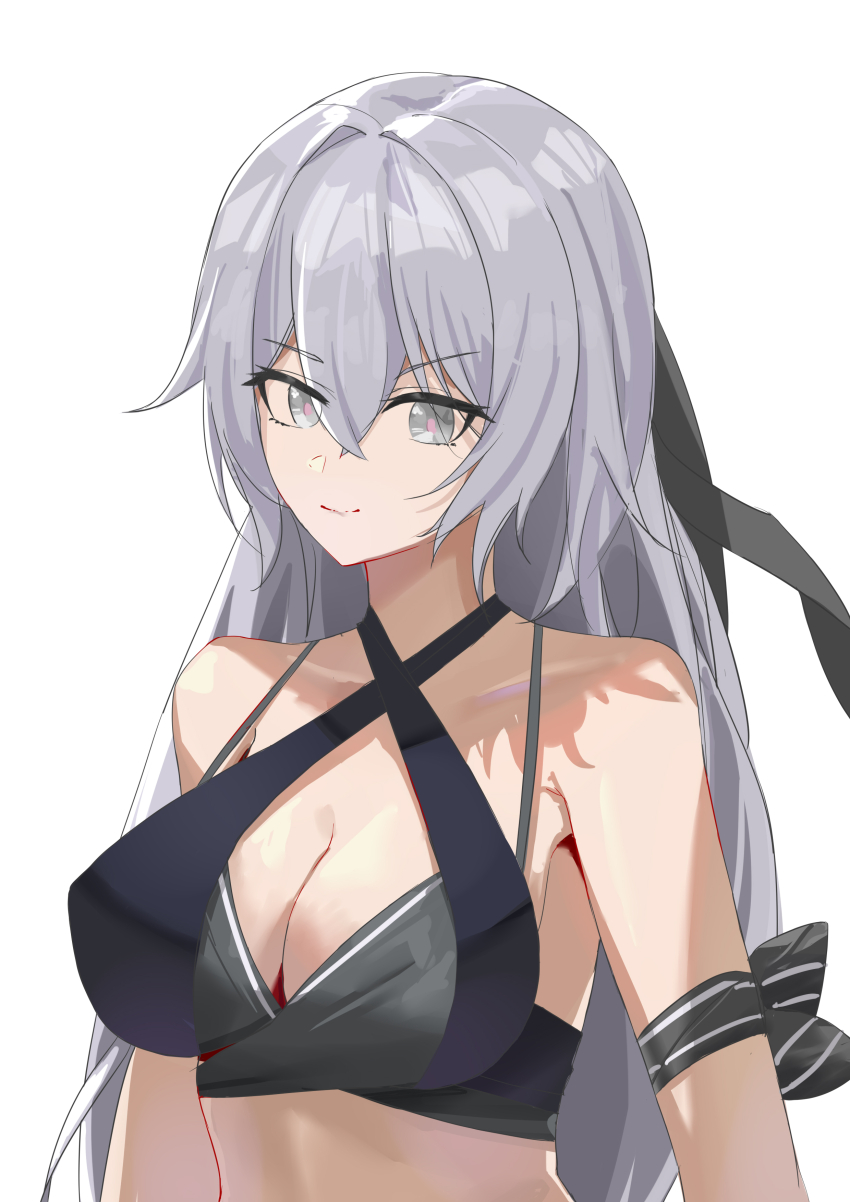 1girl absurdres armband bare_shoulders black_armband breasts bronya_zaychik bronya_zaychik_(silverwing:_n-ex) bronya_zaychik_(summer_2022) closed_mouth commentary criss-cross_halter grey_eyes grey_hair hair_between_eyes halterneck highres honkai_(series) honkai_impact_3rd large_breasts lilin_(pixiv_25958194) looking_at_viewer official_alternate_costume pink_pupils simple_background smile solo upper_body white_background