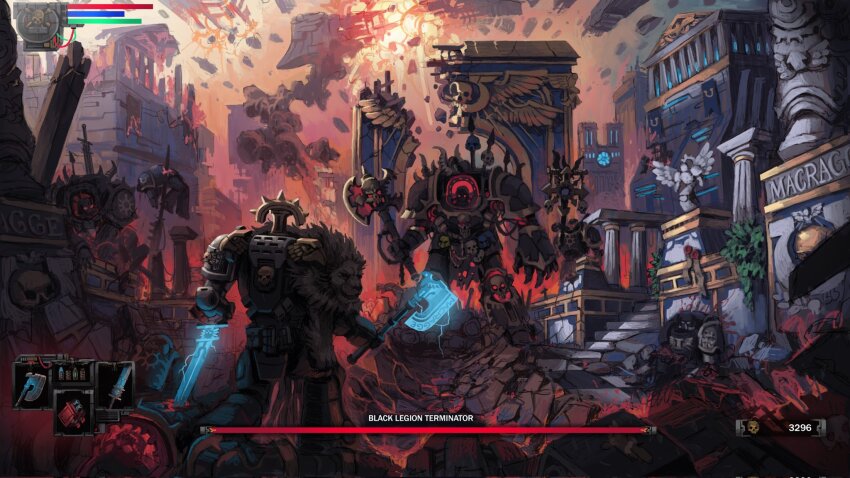 3boys adeptus_astartes arch architecture armor axe black_armor black_legion blood boss_fight cathedral chaos_(warhammer) chaos_space_marine chaos_undivided_(symbol) column commentary corpse dark_souls_(series) destruction english_commentary explosion fake_screenshot fighting_stance fire full_body gameplay_mechanics gate glowing glowing_sword glowing_weapon gothic_architecture greco-roman_architecture grey_knight heads-up_display health_bar highres holding holding_axe holding_sword holding_weapon imperial_aquila inquisition_(warhammer) lion_pelt male_focus marton_kapoli multiple_boys omega_symbol pelt pillar power_armor purity_seal ruins skull_belt spacecraft stake statue sun_symbol sword terminator_armor ultramarines user_interface warhammer_40k weapon