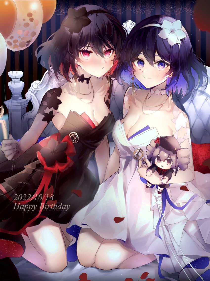 2girls balloon bed black_dress black_gloves black_hair blue_eyes blue_hair blush breasts bronya_zaychik cleavage closed_mouth doll dress dual_persona earrings elbow_gloves gloves happy_birthday headband highres holding holding_doll honkai_(series) honkai_impact_3rd jewelry looking_at_viewer medium_breasts multiple_girls petals pout red_eyes red_hair seele_(alter_ego) seele_vollerei seiza short_hair sitting smile strapless strapless_dress tare_(tonikaku_magaru) white_dress white_gloves