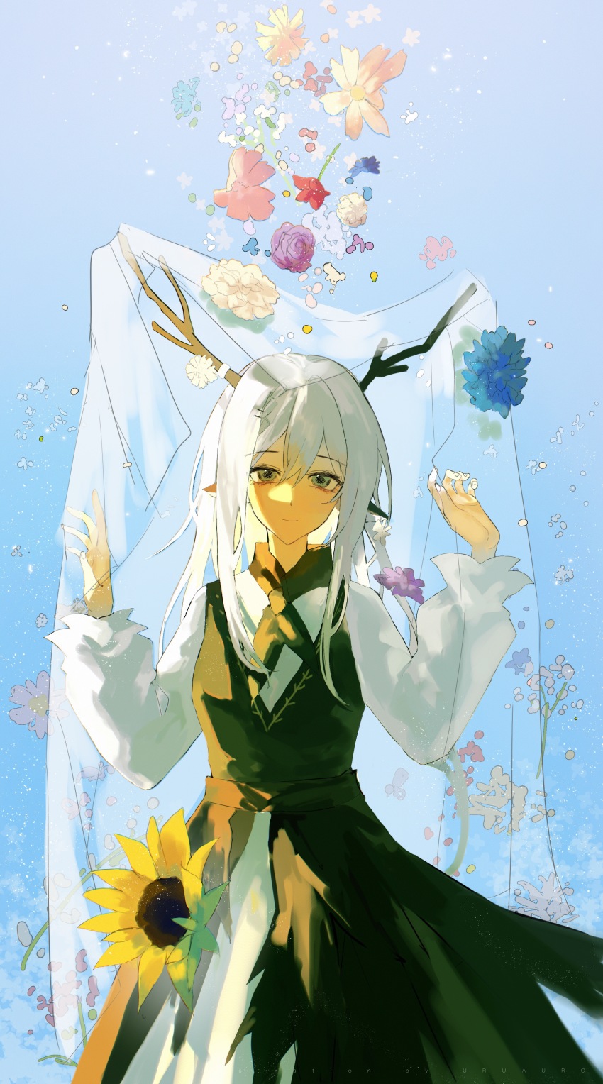 1girl absurdres alina_(arknights) animal_ears antlers arknights black_dress blue_background blue_flower breasts cowboy_shot deer_antlers deer_ears deer_girl dress flower grey_eyes grey_hair hair_between_eyes hands_up highres horns long_hair long_sleeves looking_at_viewer pinafore_dress red_flower simple_background sleeveless sleeveless_dress small_breasts solo uruauro veil