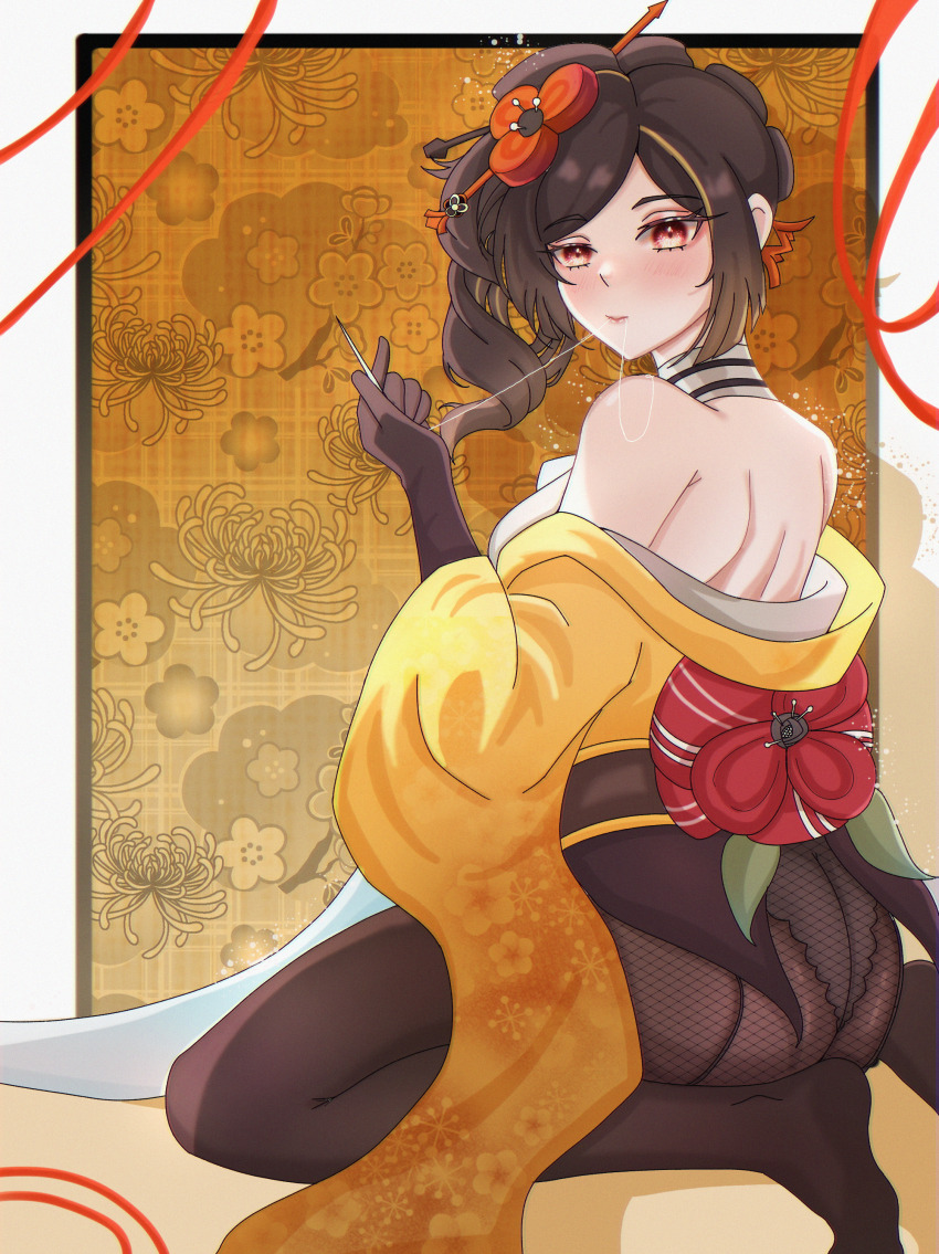 1girl absurdres ass bare_shoulders black_hair blush brown_pantyhose chiori_(genshin_impact) genshin_impact gloves hand_up haori highres holding_sewing_needle hzujustin japanese_clothes looking_at_viewer medium_hair no_shoes off_shoulder pantyhose red_eyes seiza side_ponytail sitting solo thread